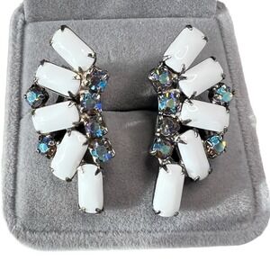Vintage milk glass crystal rhinestone earrings